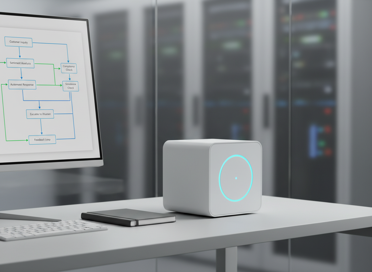 A minimalist white cube-shaped device, resembling a dedicated AI chatbot hub, sits on a tidy, light-gray workstation. Its front surface glows with a subtle blue ring and a tiny status indicator, while a nearby ultra-thin monitor shows a structured flowchart of automated customer interactions and compliance checks. A closed charcoal notebook and precisely aligned white keyboard complete the setting. The background reveals frosted glass and a discreet server closet, slightly out of focus. Soft, directional studio lighting from the right creates gentle gradients across the matte surfaces and crisp, controlled shadows, emphasizing clean geometry. Photographic realism with a rule-of-thirds composition and moderate depth of field evokes a sense of dependable, ethical AI hardware quietly orchestrating business conversations.