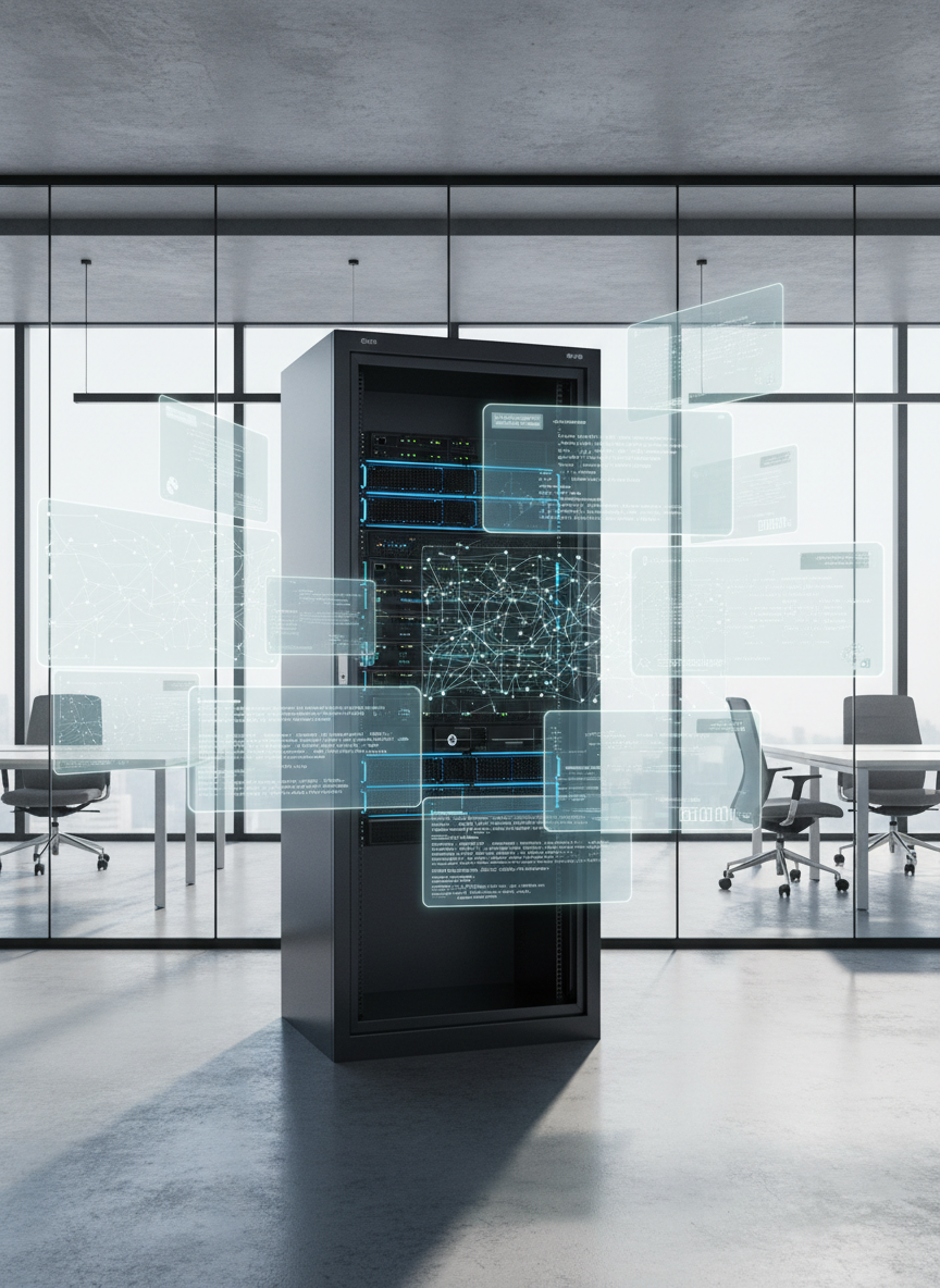 A sleek, dark charcoal server rack filled with neatly arranged glowing blue and white network equipment, symbolizing AI infrastructure, stands centered in a minimalist glass-walled office space. Around it, semi-transparent holographic chat windows and structured data graphs float in organized grids, all in cool neutrals with subtle teal accents. Soft, diffused daylight filters through large floor-to-ceiling windows, creating crisp reflections on the polished concrete floor and clean shadows along the rack’s edges. Photographic realism with a slightly elevated, eye-level angle and sharp focus throughout, emphasizing clean lines and a balanced, corporate composition. The atmosphere is calm, reliable, and highly professional, conveying stable, ethical AI technology working quietly in the background for businesses.