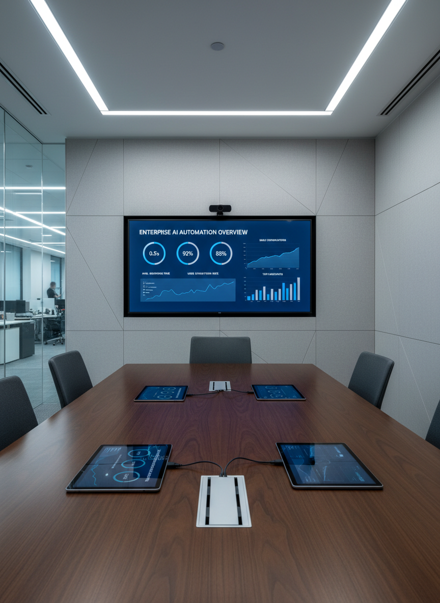A large, wall-mounted ultra-wide monitor in a modern boardroom displays a clean dashboard of AI chatbot performance metrics: response times, satisfaction scores, and automation rates, all rendered in simple blue and gray data visualizations. Below, a long, dark wood conference table holds a few neatly spaced tablets showing matching interfaces, along with a single metallic cable organizer keeping cords perfectly aligned. The room features neutral-tone acoustic panels and glass walls opening to a blurred office corridor. Cool, diffused overhead lighting casts soft, even illumination with restrained reflections on the table’s surface. Photographic realism at eye level with a balanced, symmetrical composition conveys clarity, transparency, and control over enterprise AI automation.