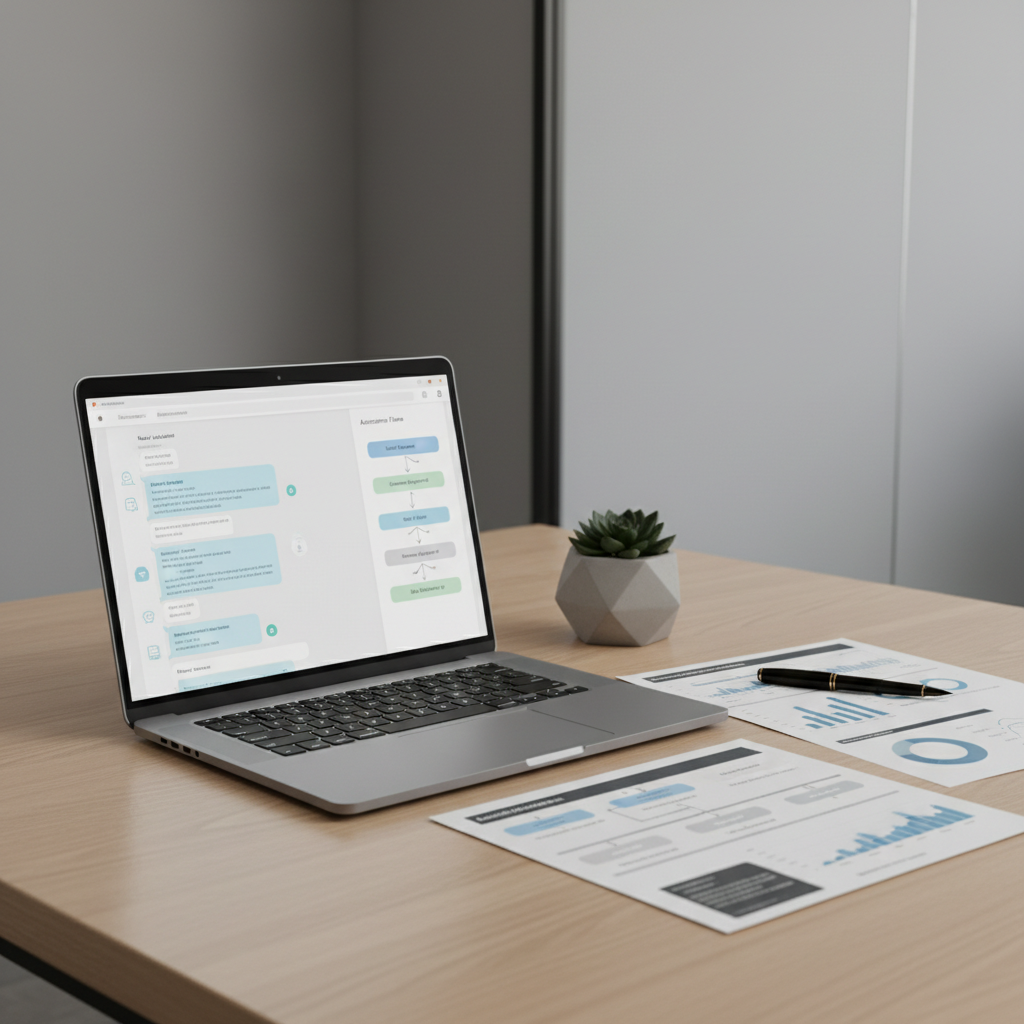 A refined, matte-silver laptop open on a light oak executive desk displays a professional chat interface with neatly aligned message bubbles and clearly labeled automation flows. Next to it, a structured grid of printed flowcharts and analytics reports is arranged with precision, along with a slim black fountain pen and a minimalist concrete planter holding a small dark-green plant. Neutral gray walls and a frosted glass partition form the background. Soft studio lighting from the left creates gentle highlights on the laptop’s metallic edges and subtle shadows under the papers. Captured in photographic realism from a slightly elevated, three-quarter angle with shallow depth of field, the composition feels clean, orderly, and corporate, emphasizing reliable AI chatbot solutions seamlessly integrated into a business workspace.